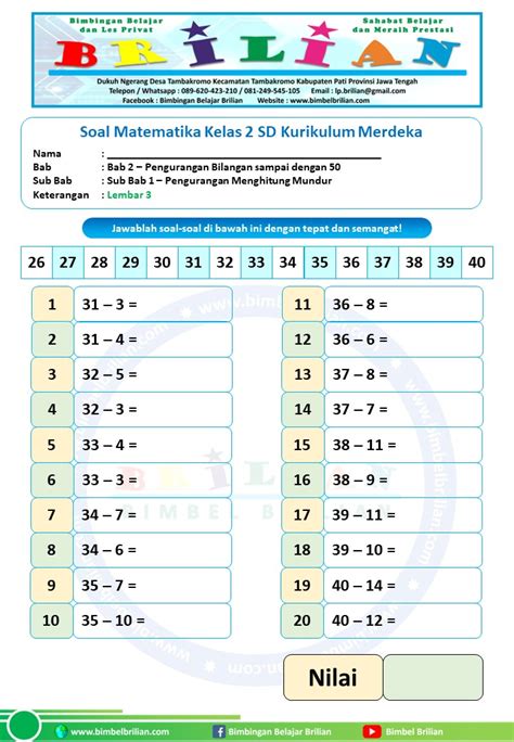 soal pengurangan  menghitung mundur kelas  sd bimbel brilian