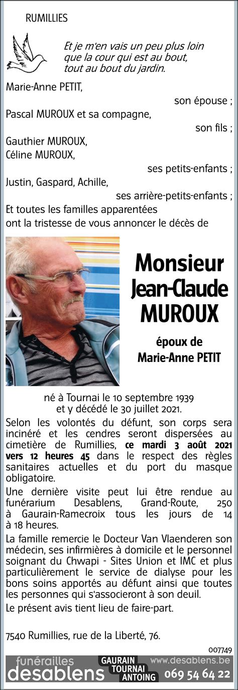 Jean Claude MUROUX 30 07 2021 Avis nécrologique lavenir net