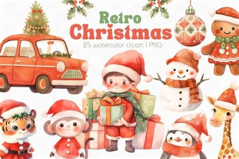 Retro Christmas Watercolor Clipart Graphic By Bunnyxart Creative Fabrica