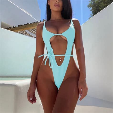 Hot Selling Solid Belted Sexy One Pierce Bikini Beachwear Cut Out Women High Slit Swimwear
