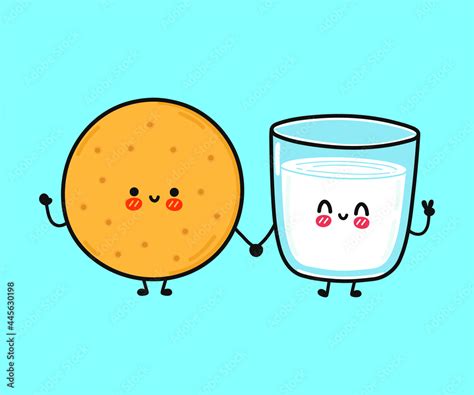 Cute Funny Happy Glass Of Milk And Cookies Character Vector Hand