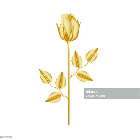 Beautiful Golden Rose Flower With Petals Stem And Leaves Realistic 3d