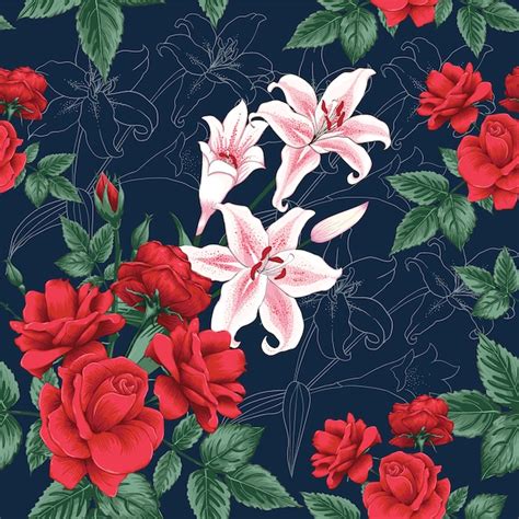 Premium Vector Seamless Pattern Red Rose And Lilly Flowers Background