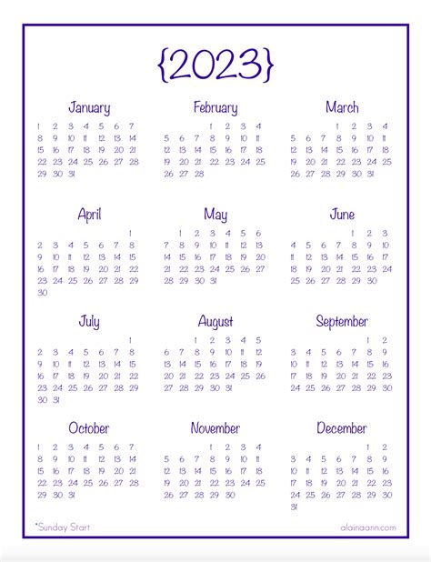 2023 Year-at-a-Glance Calendar Printable — Alaina Ann