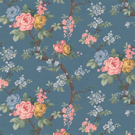 English Vintage Flower Wallpaper Kate Vintage Flower Golden Frame Blue