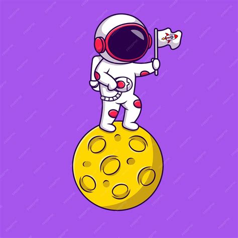 Lindo Astronauta Sosteniendo La Bandera En La Luna Dibujos Animados Vector Iconos Ilustración