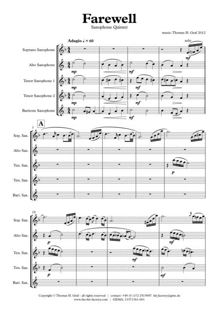 Farewell Sad Ballad Saxophone Quintet Sheet Music Thomas H Graf