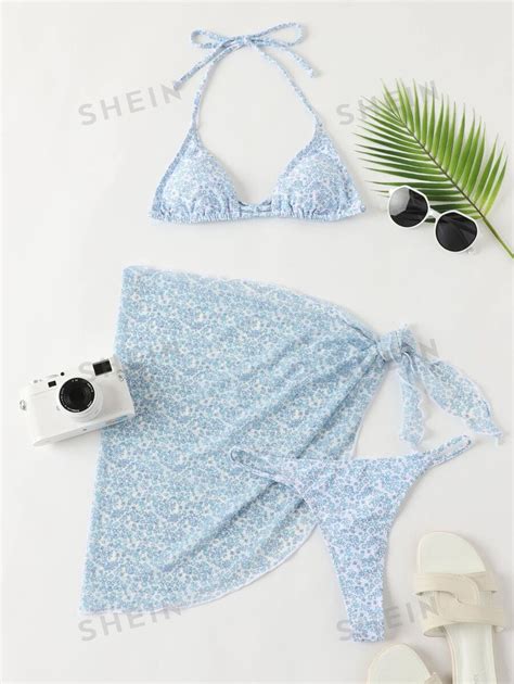 SHEIN Swim Summer Beach Ditsy Floral Bikini Set Triangle Bra Thong