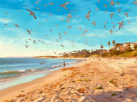 Premium AI Image | A painting of a beach with a beach and a seagull ...