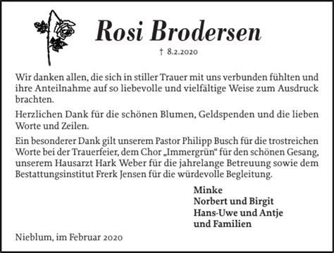 Traueranzeigen Von Rosi Brodersen Sh Z Trauer