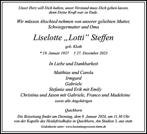 Traueranzeigen Von Liselotte Lotti Steffen Sh Z Trauer