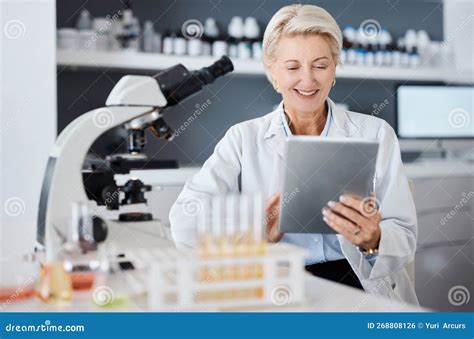 Science Tablet And Research Woman With Microscope Data Analytics Test