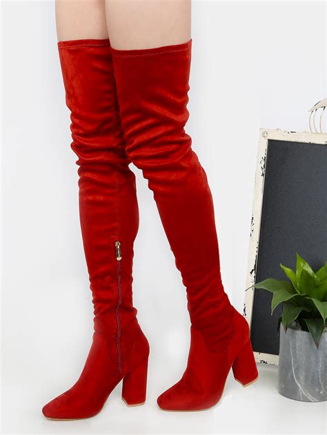 Chunky Faux Suede Thigh High Boots RUST SheIn Sheinside