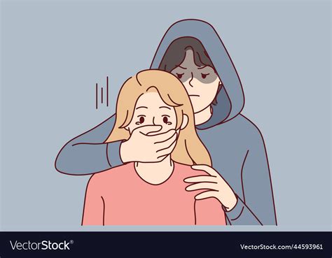 Man In Hood Close Terrified Woman Mouth Royalty Free Vector