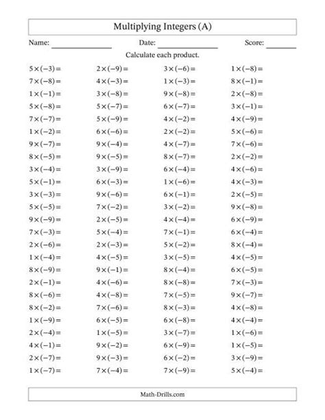 Multiplying Positive By Negative Integers From 9 To 9 100 Worksheets Library