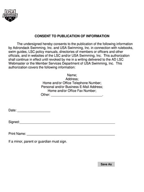 Fillable Online Adirondackswimming Consent To Publication Of