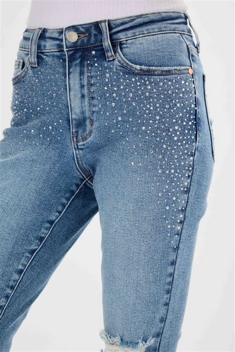 Judy Blue High Waist Rhinestone Embellished Destroyed Slim Fit Jeans In