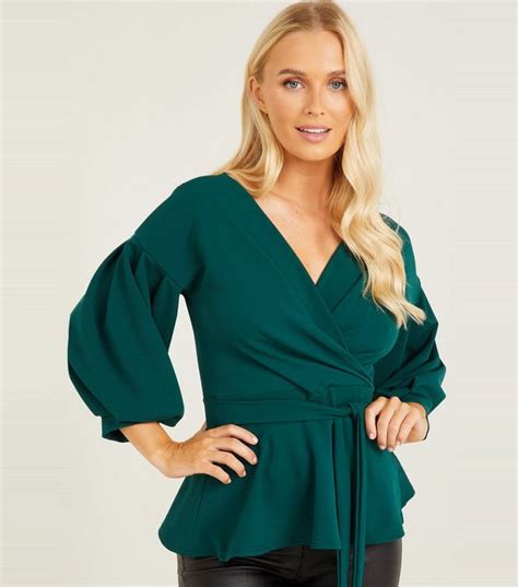 Quiz Dark Green Scuba Wrap Peplum Top New Look Peplum Top Peplum