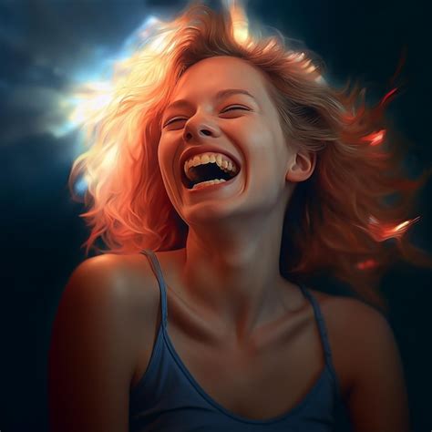 Una Mujer De Cabello Rubio Sonriendo Y Un Fondo Azul Con El Sol