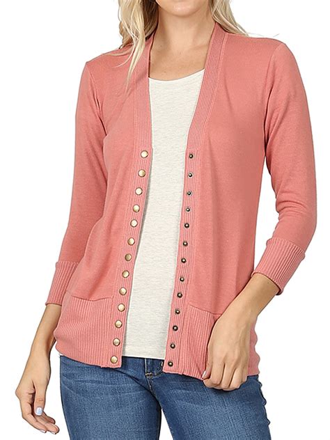 Zenana Womens Front V Neck Classic Thin Snap Button Down 34 Sleeve