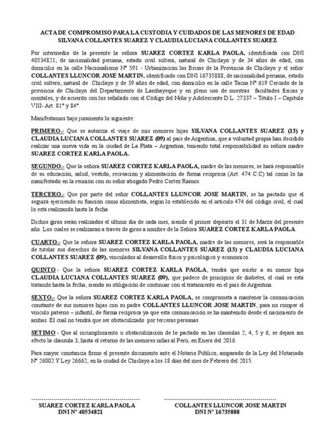 Acta De Compromiso Para La Custodia De Las Menores De Edad Pdf