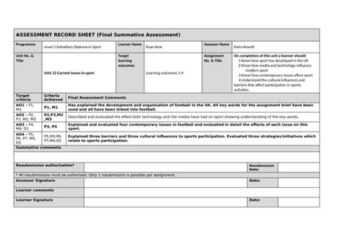 Example Of A Completed Btec Summative Sheet Teaching Resources