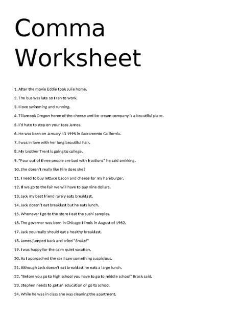 Comma Worksheet With Answer Key