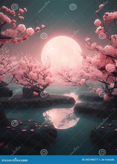 Cherry Blossom And Full Moon In The Night,3d Render Stock Image