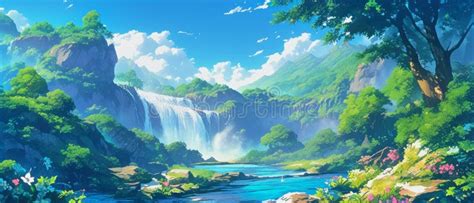 Anime Background Illustration with a Stunning Waterfall in a Green ...