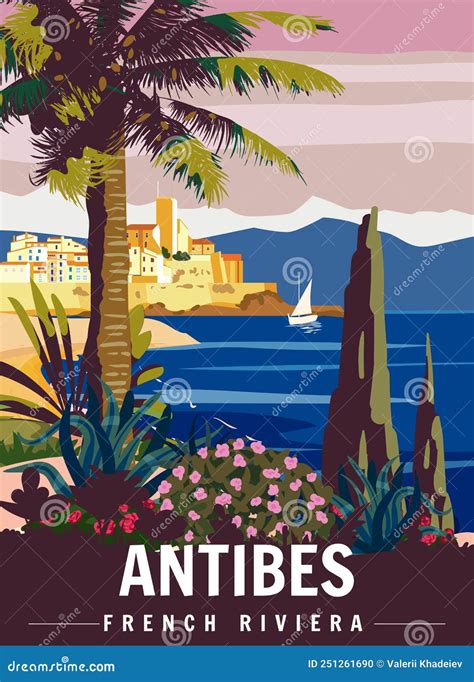 Antibes French Riviera Retro Poster Tropical Coast Scenic View Palm