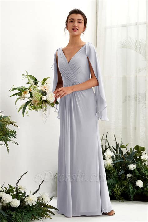 Bridesmaid Dress A Line Chiffon Straps Floor Length Long Sleeve Wedding