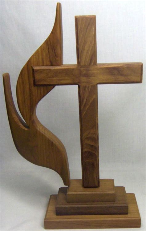 Wooden Free Standing United Methodist Cross And Flame Christian