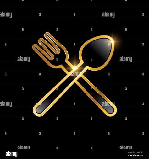 Golden Luxury Spoon And Fork Cross Icon Illustration In Black Background With Gold Shine Effect