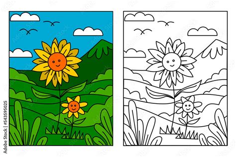 Cute sunflower in beautiful landscape coloring page for kids drawing ...