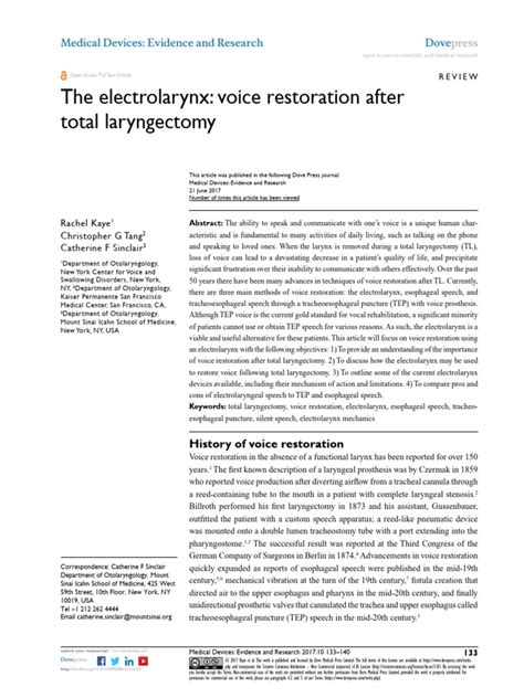 The Electrolarynx: Voice Restoration After Total Laryngectomy | PDF ...