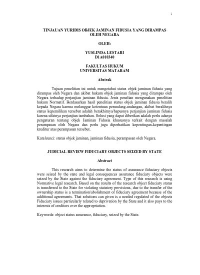 Tinjauan Yuridis Objek Jaminan Fidusia Yang Dirampas Oleh Negara Oleh