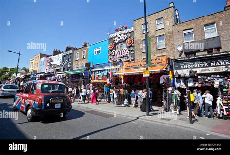 Street scene: Shops on Camden High Street, Camden Town, London, England ...