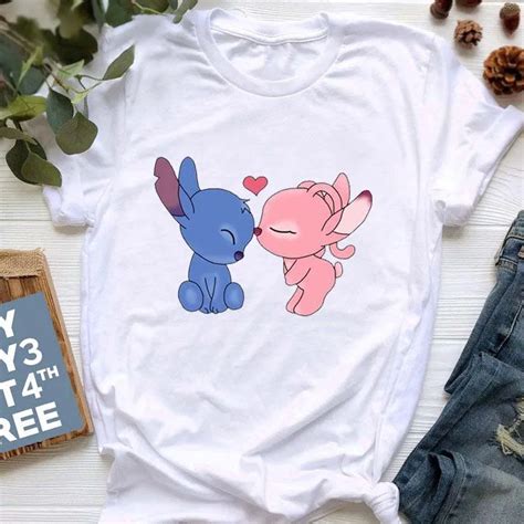 Disney Cartoon Kobiety Topy Cieg Graficzny Modne T Shirty Lilo Stitch