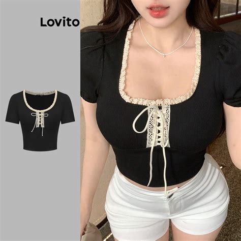 Lovito Women Casual Plain Lace Up Ruffle Neck Textured Fabric T Shirt