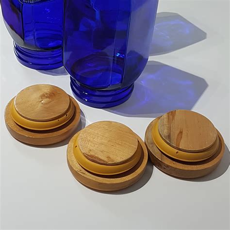 Set Of Cobalt Blue Glass Canister Jars With Wood Lids Vintage