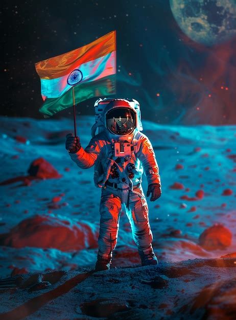 Premium Photo | An astronaut on the moon holds a flag