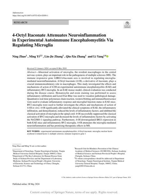 Octyl Itaconate Attenuates Neuroinflammation In Experimental