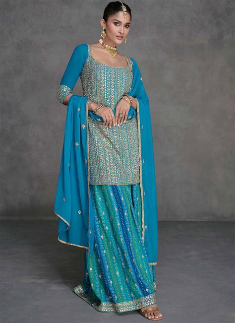 Buy Sky Blue Embroidered Sequins Palazzo Suit Party Wear Online At Best