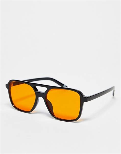 Asos Design Fine Frame Aviator Fashion Glasses With Orange Lens Asos