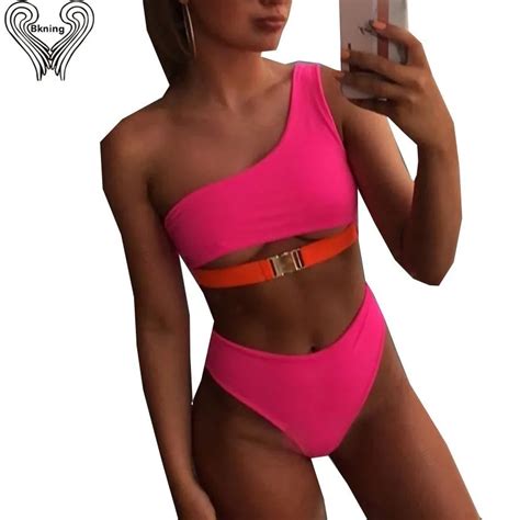 Neon Hot Pink One Shoulder Bikini Push Up Swimsuits For Women High