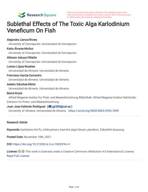 PDF Sublethal Effects Of The Toxic Alga Karlodinium Veneficum On Fish