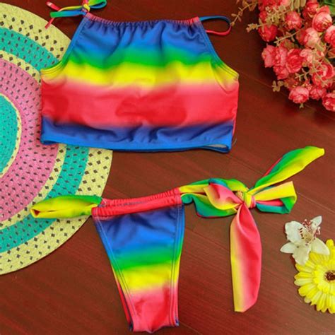 Sexy Women Rainbow Stripe Flower Push Up Bra Swimsuit Beachwear