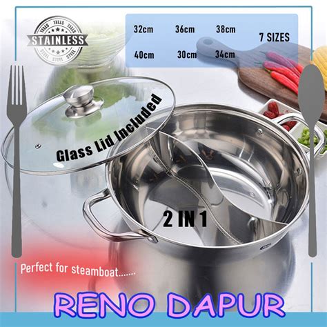 Renodapur Stainless Steel In Separate Hot Pot Sizes Two Flavor Steamboat Glass Lid Periuk