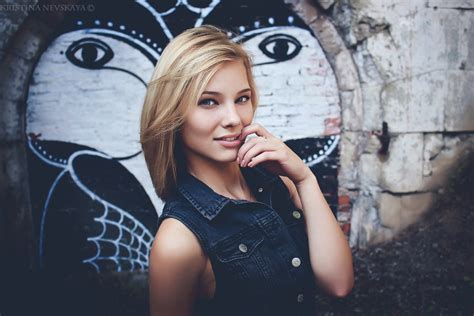 Women Model Portrait Blonde Kristina Nevskaya Smiling Looking At Viewer Finger In Mouth