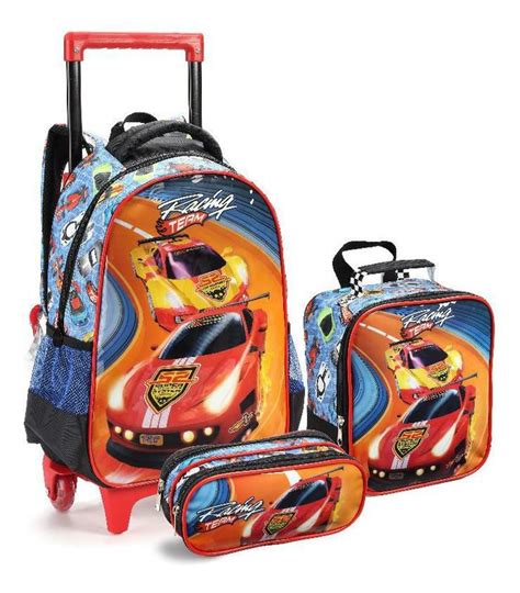 Kit Mochila Rodinha Lancheira Estojo Carros Racing Team Hot Seanite Material Escolar